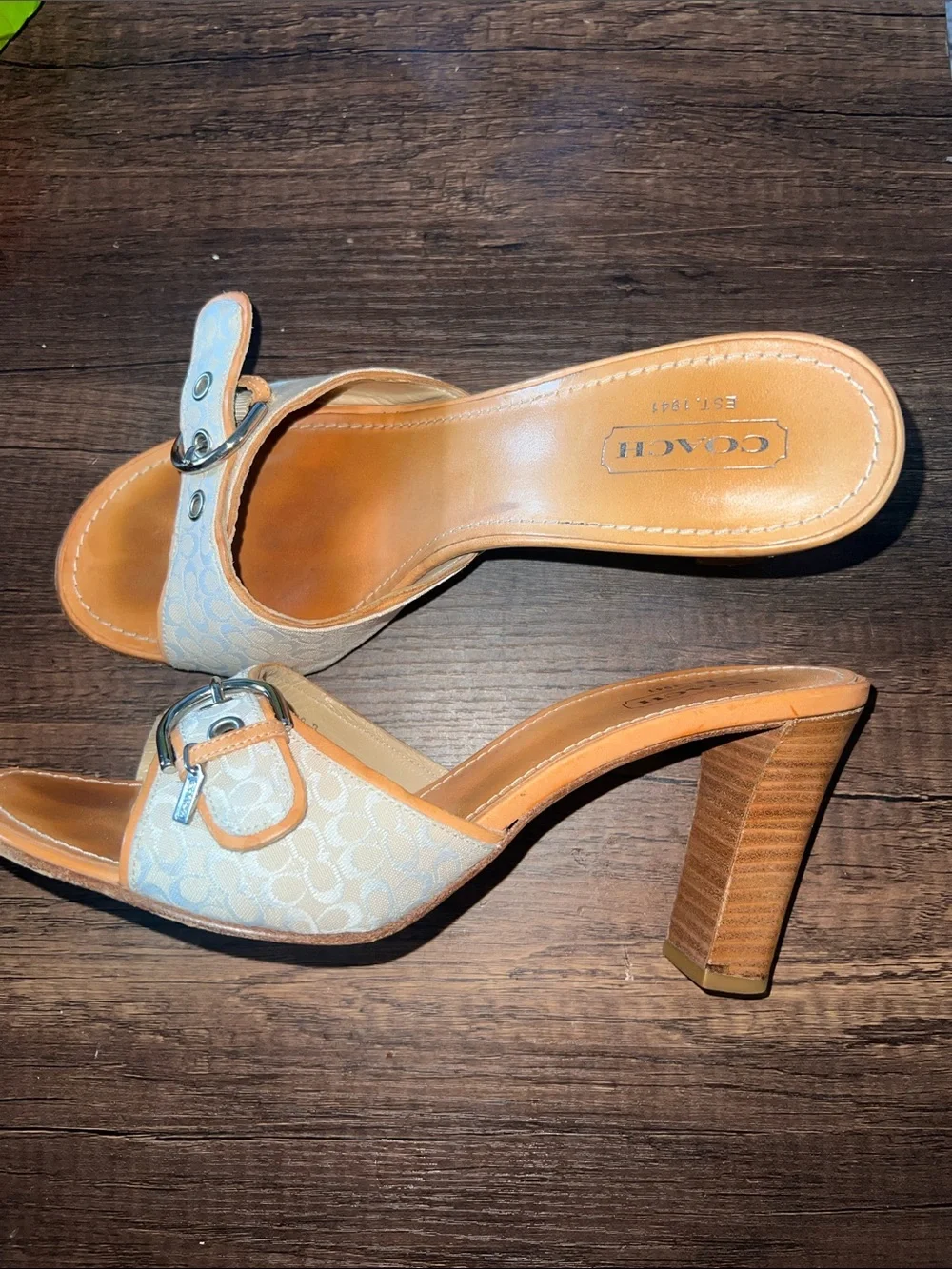 Coach Beige Signature Logo Leather-Heel Mules